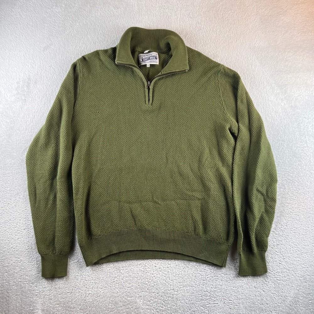 Schott Bros NYC Mens XL Olive Green Cotton Waffle Knit Quarter Zip Sweater